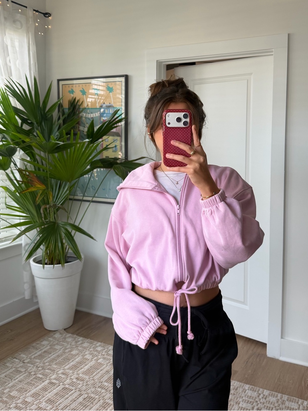 H&M Light Pink Cropped Zip Hoodie with Drawstring